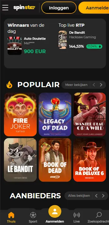 SpinStar Casino startpagina met dagelijkse winnaars, top live RTP-informatie voor De Bandit van Hacksaw Gaming op 144,53%, en een overzicht van populaire spellen waaronder Fire Joker, Legacy of Dead en Book of Dead