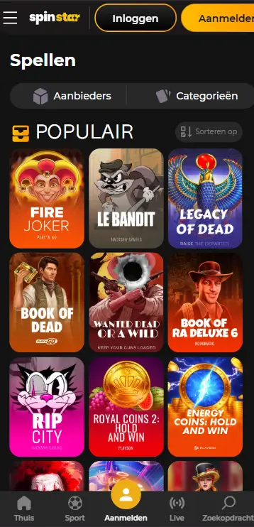 SpinStar Casino spellenbibliotheek met populaire titels zoals Fire Joker, Le Bandit, Legacy of Dead, Book of Dead, Wanted Dead or a Wild, Book of Ra Deluxe 6, Rip City en Royal Coins 2