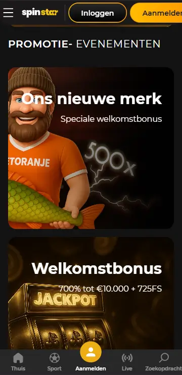 SpinStar Casino promotie-evenementenpagina met een welkomstbonus van 700% tot €10.000 plus 725 freespins en een speciale 500x welkomstbonus voor het nieuwe merk