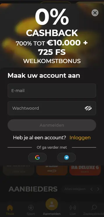 SpinStar Casino accountregistratieformulier met velden voor e-mail en wachtwoord, aanmeldopties via Google en Telegram, en een welkomstbonus van 0% cashback, 700% tot €10.000 en 725 freespins